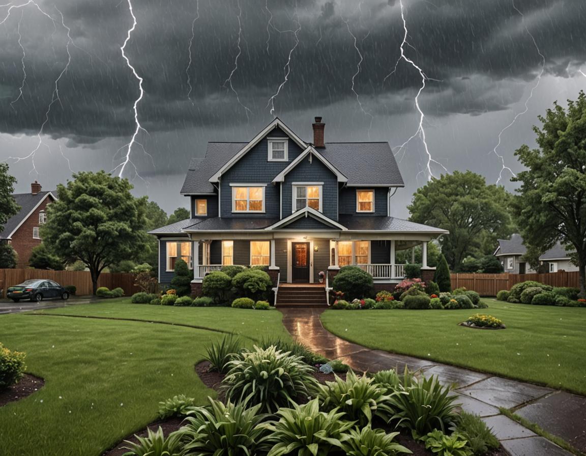 Realistic image of an American house for sale on a rainy day, a garden, and lightning in the background, capturing the essence of a stormy real estate market.